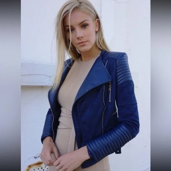 IVORY & CHAIN Women’s Navy Blue Moto-Style ‘Bessy Biker Jacket’ - NWOT - Picture 3 of 10